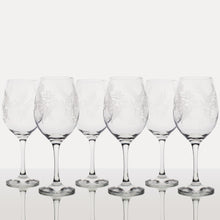 Cargar imagen en el visor de la galería, Set para 6 personas de Copas de Cristal Italiano  Vino Tinto y Blanco / Tallado: “Flor y Espigas”.