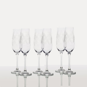 Set 6 copas Champagne/ Pisco Sour, tallado “Flor y Espigas”.