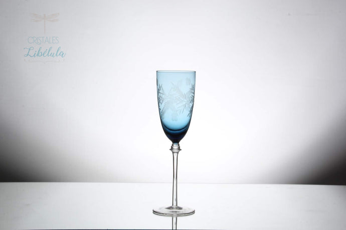 Copa Champagne Azul, tallado “Flor y Espigas”
